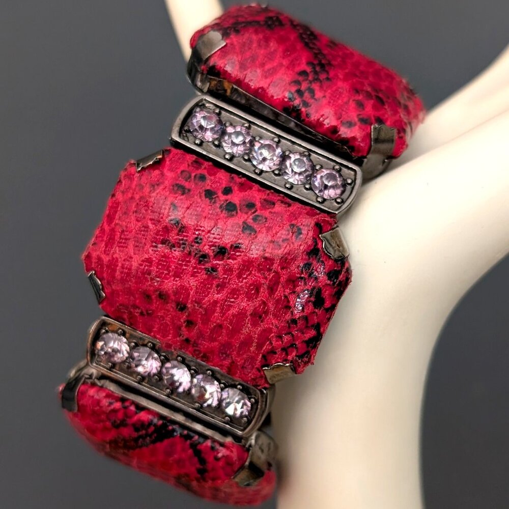Faux leather snake print, black & red with purple bead accents stretch bracelet